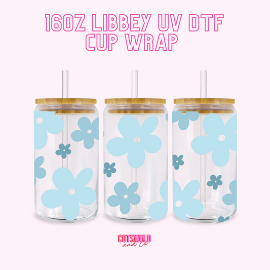 Blue Retro Flowers UV DTF Libbey 16oz Cup Wrap Sticker