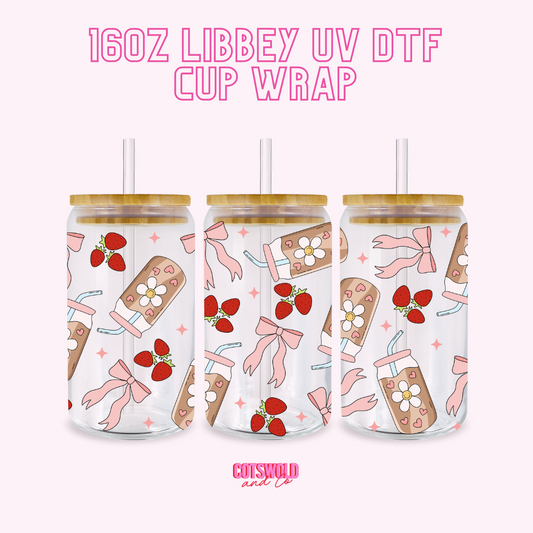 Iced Coffee Bows Strawberries UV DTF Libbey 16oz Cup Wrap