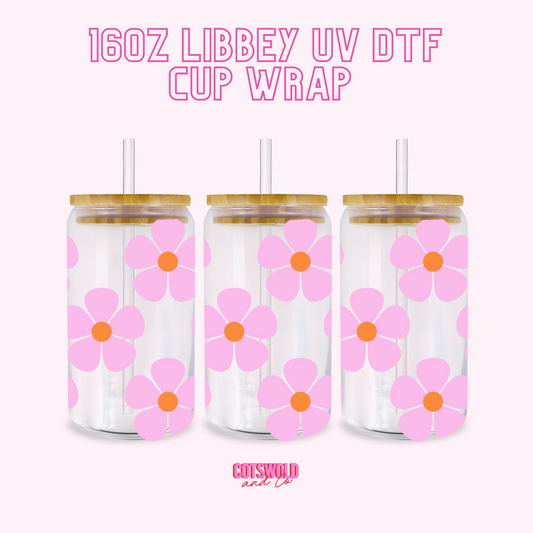 Pink Retro Flowers UV DTF Libbey 16oz Cup Wrap Sticker