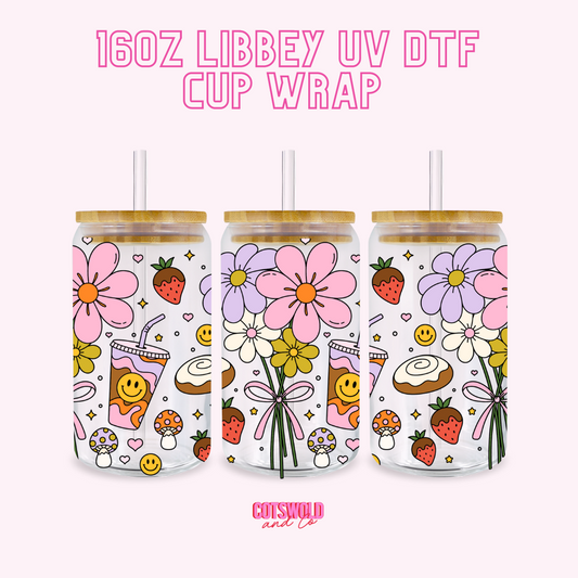 Coffee and Flowers Retro 16oz Libbey Cup Wrap UVDTF, Retro Cup Wrap