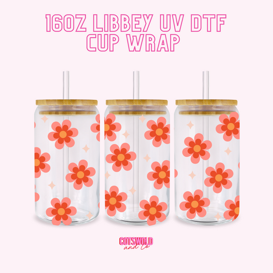 Retro Flowers 16oz Libbey Cup Wrap UVDTF, Flowers Cup Wrap