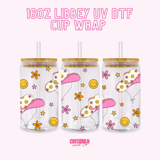 Cowgirl Smiley 16oz Libbey Cup Wrap UVDTF, Western Country Cup Wrap