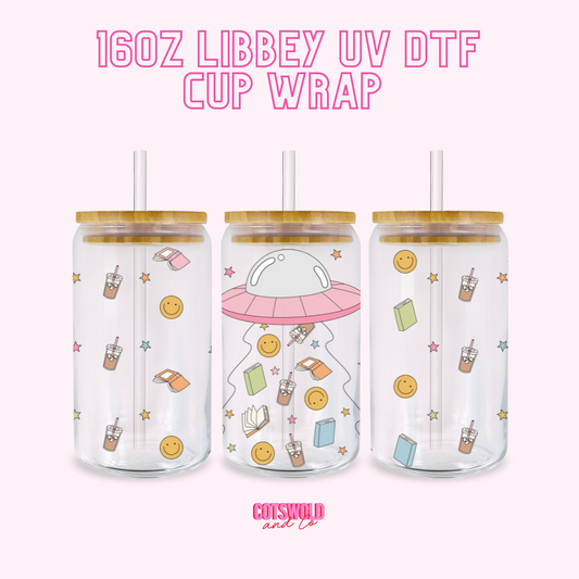 Books Coffee UFO 16oz Libbey Cup Wrap UVDTF