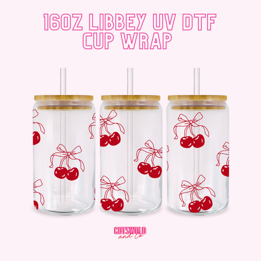 Cherries Bow Coquette 16oz Libbey Cup Wrap UVDTF, Coquette Cup Wrap, Fruit Cup Wrap