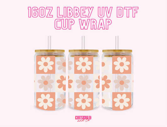 Orange Retro Flower Checkered UV DTF Libbey 16oz Cup Wrap Sticker