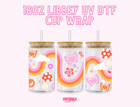 Mushroom Rainbow UV DTF Libbey 16oz Cup Wrap Sticker | Preppy UVDTF Libbey Cup Wrap