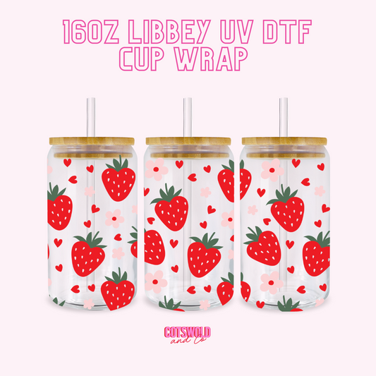 Strawberries Spring 16oz Libbey Cup Wrap UVDTF, Spring Cup Wrap, Fruit Cup Wrap