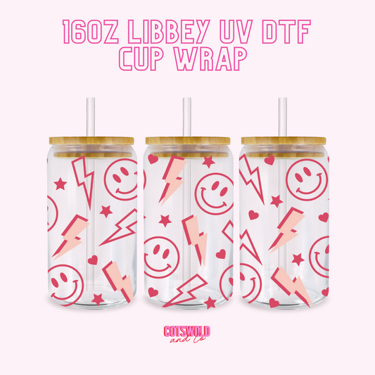 Smiley Lightening Bolts 16oz Libbey Cup Wrap UVDTF, Preppy Cup Wrap