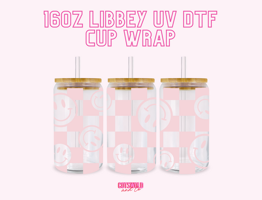 Pink Checkered Smiley UV DTF Libbey 16oz Cup Wrap Sticker | Preppy UVDTF Libbey Cup Wrap