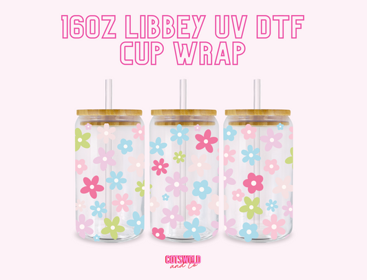 Boho Flower Retro Checkered UV DTF Libbey 16oz Cup Wrap Sticker UVDTF  Libbey Cup Wrap 