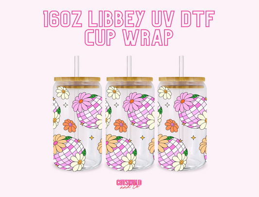 Disco Ball Flowers UV DTF Libbey 16oz Cup Wrap Sticker | Preppy UVDTF Libbey Cup Wrap