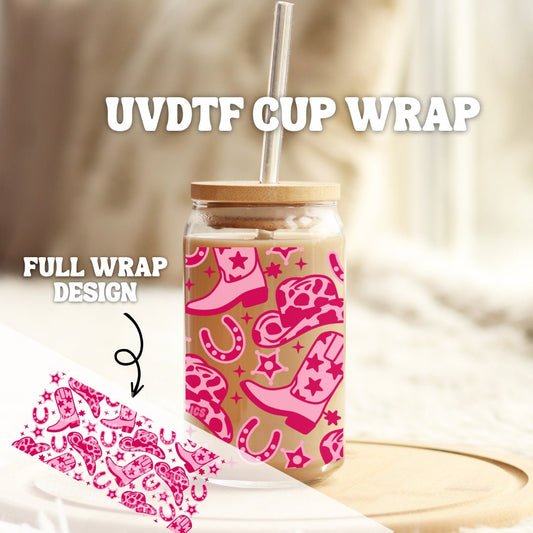 Pink Cowgirl Western UV DTF Libbey 16oz Cup Wrap Sticker | Country UVDTF Libbey Cup Wrap